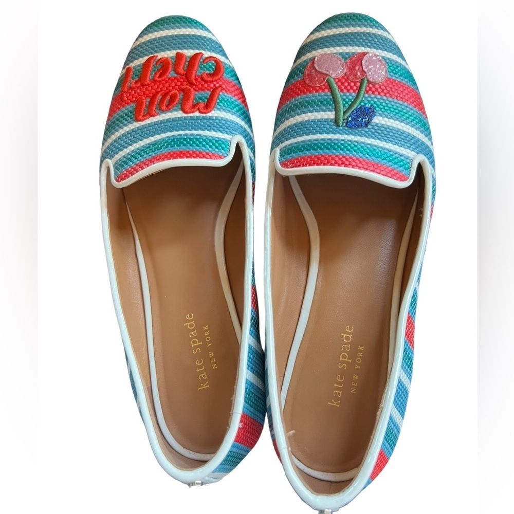kate spade loafers flats women’s 9B ‘mon cheri’ raffia cherries striped . - Picture 2 of 14